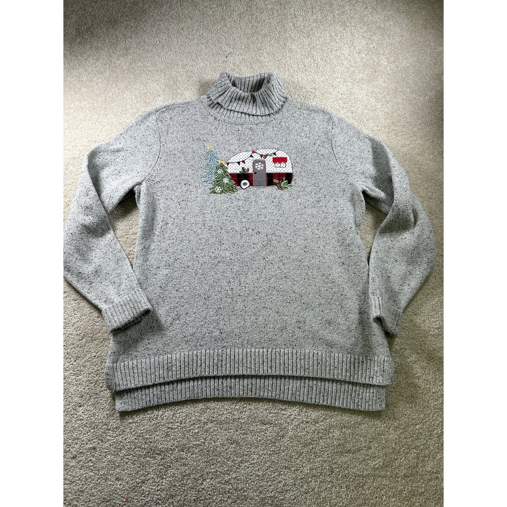 Christopher & Banks Women's XL Gray Turtleneck Sweater Christmas Camper